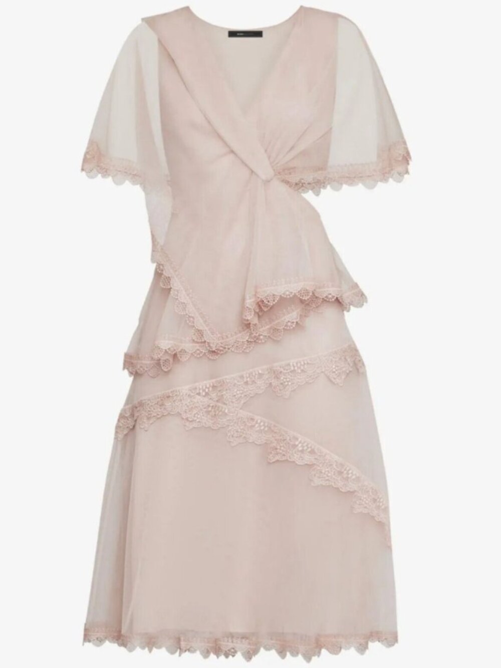 BCBG MAXAZRIA Pale Pink Lace Ruffle Tired Cut-Out Mesh Midi Dress Size 8